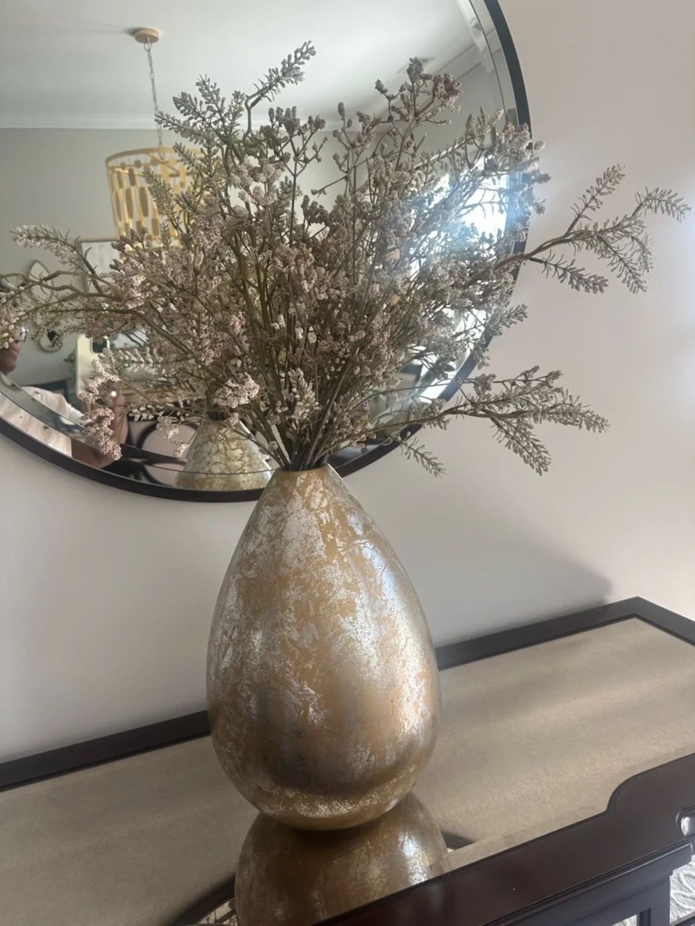 Pier 1 Gold & Silver Speckled Decorative Vase & Flowers